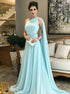 A Line Chiffon One Shoulder Chiffon Blue Pleats Prom Dress LBQ2580